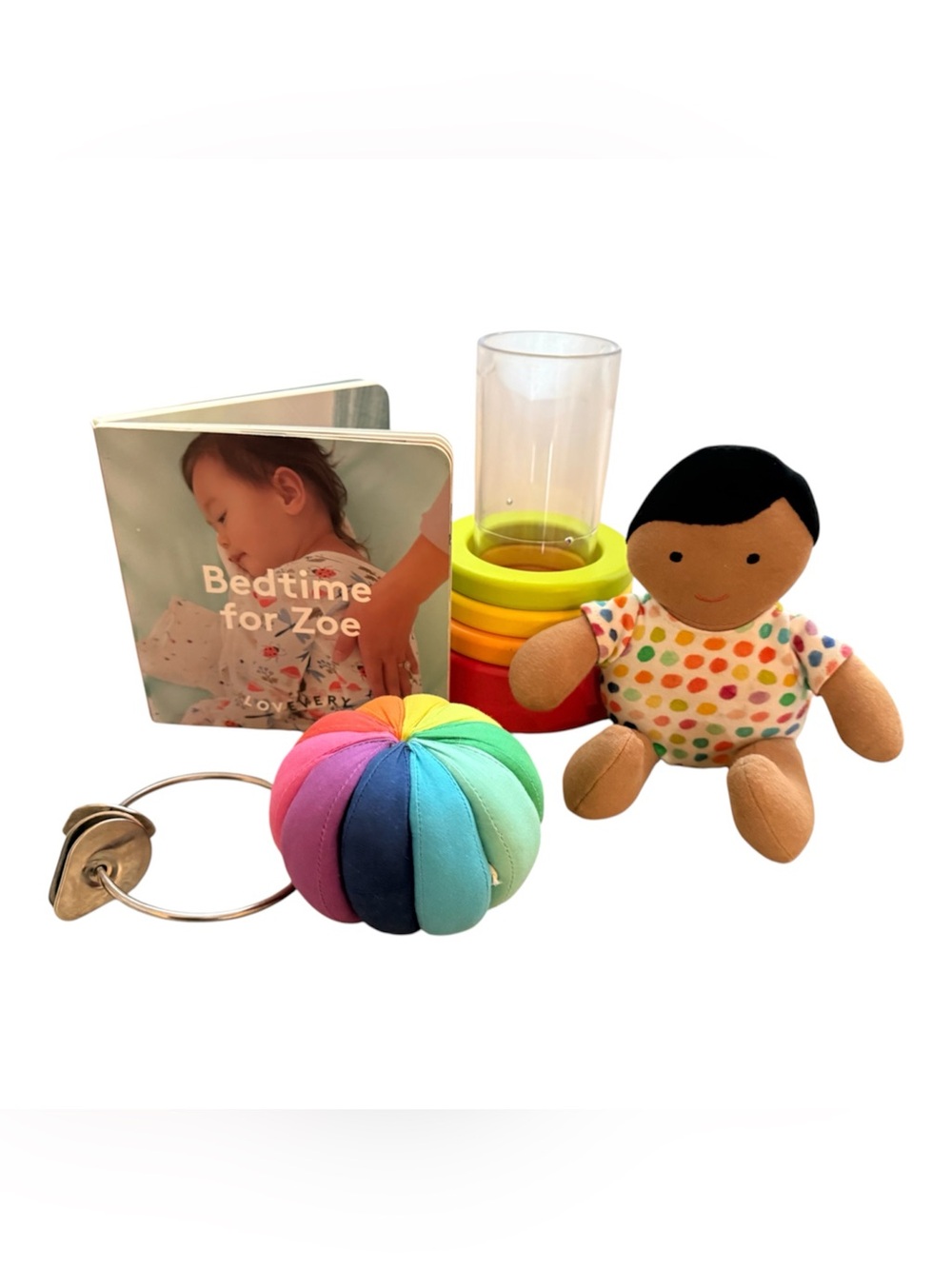 Lovevery 5 toy bundle- doll, ball, keys, book, tube and stacking rings